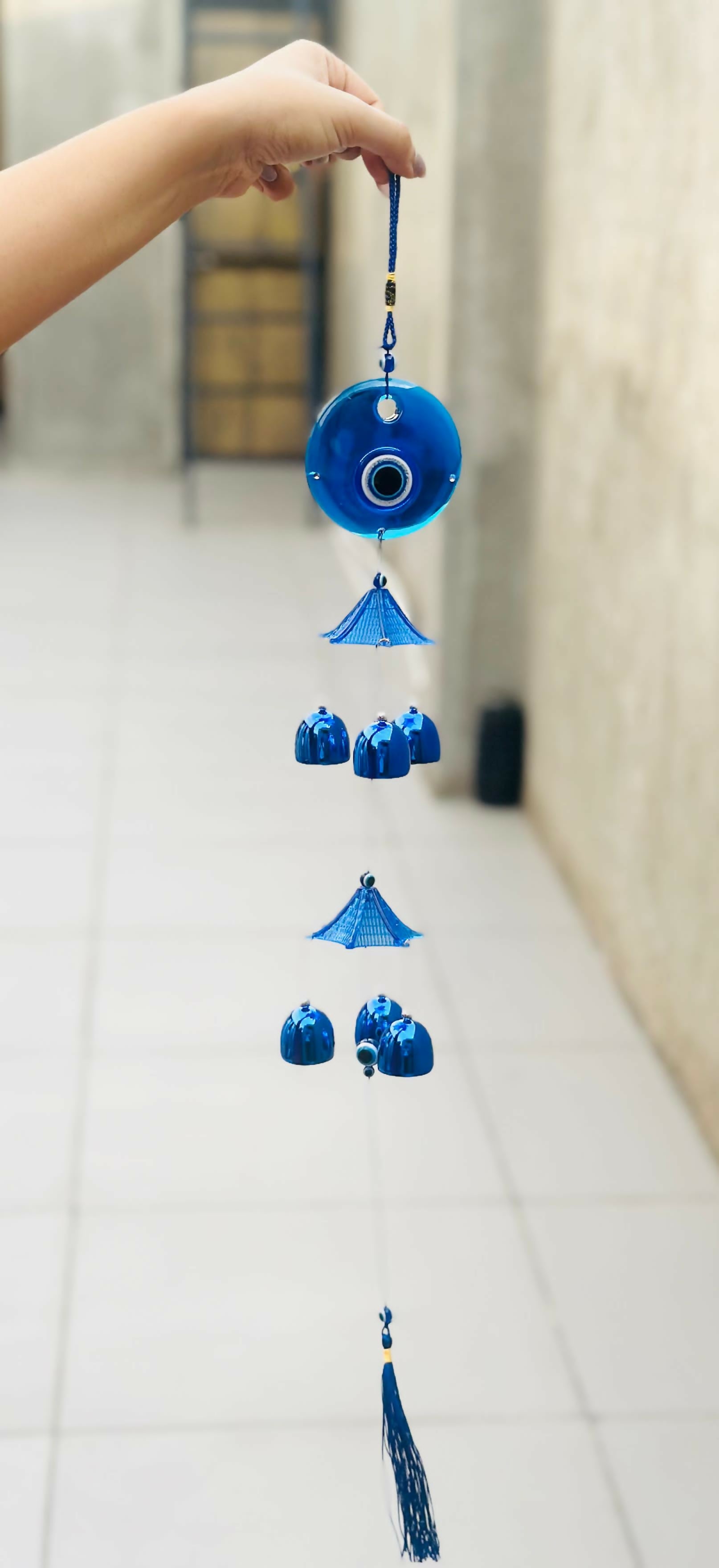 Blue Evil Eye Wind Chime – Decorative Hanging Ornament with Blue Bells, Tassel, Beads & Nazar Amulet for Protection and Home Decor