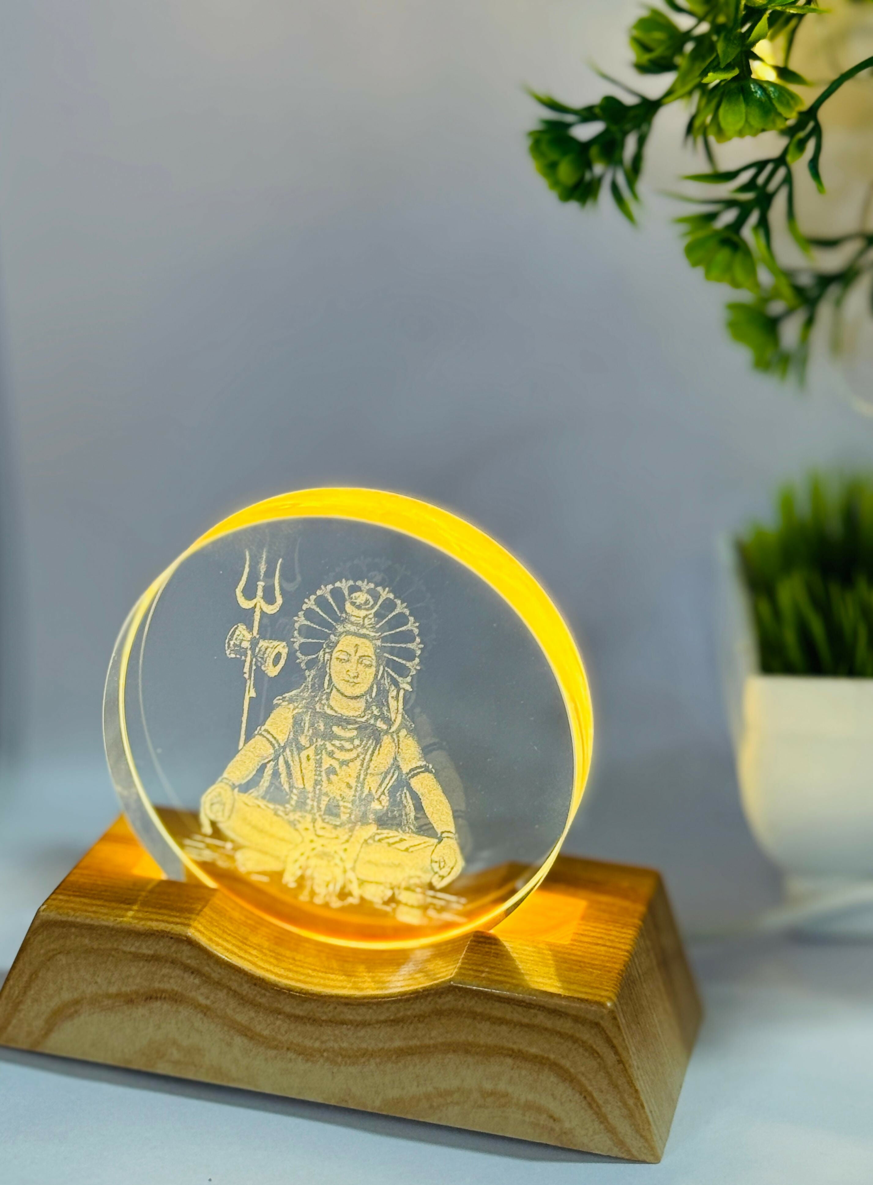 Lord Shiva 3D LED Night Lamp with Wooden Base | Meditating Mahadev Laser Engraved Acrylic Panel | Spiritual Home Decor & Gift Light for Bedroom, Living Room, Office | Trishul Design Mood Lamp