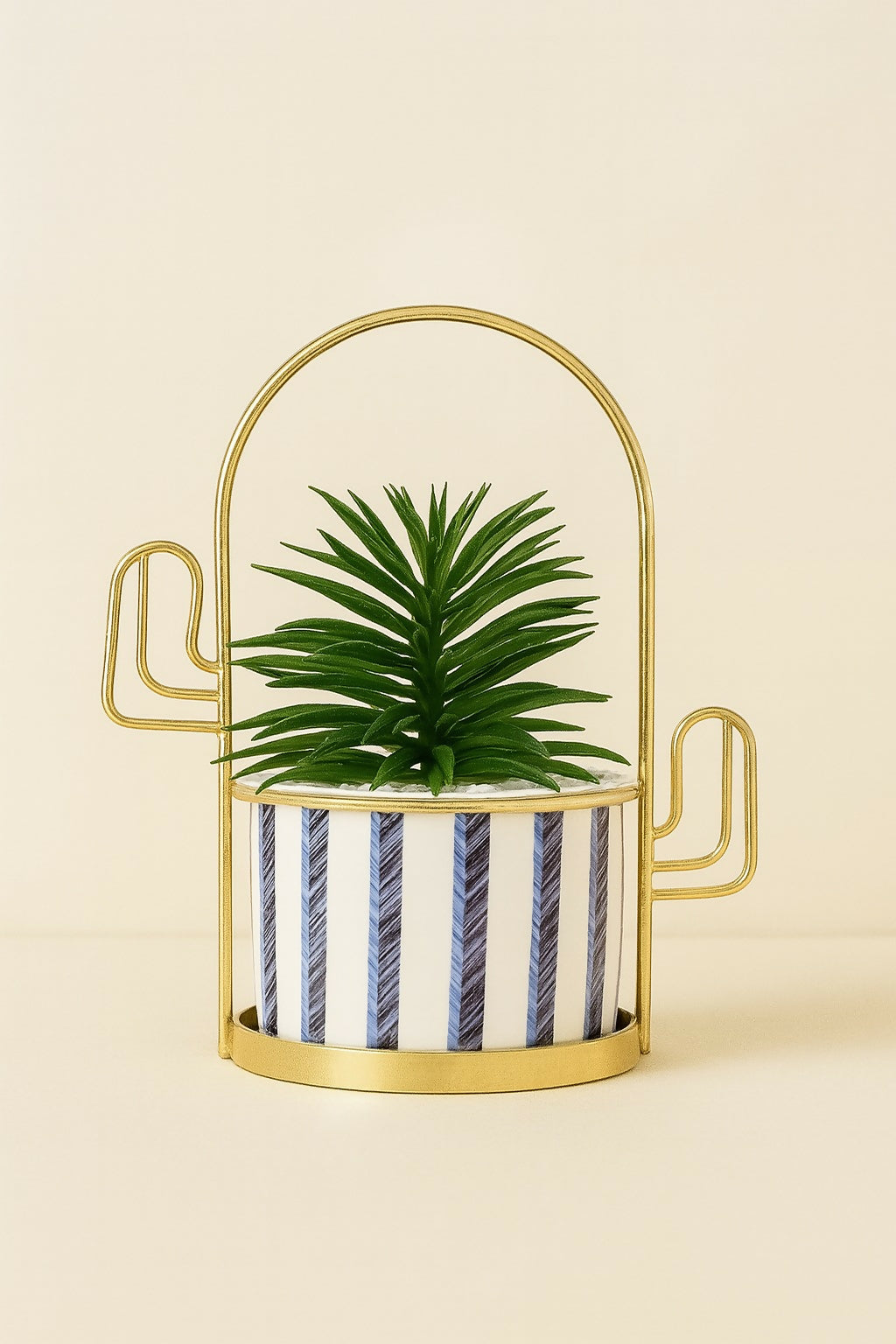 Elegant Striped Ceramic Planter with Artificial Palm Leaf Plant and Golden Metal Stand – Decorative Tabletop Pot for Home, Office, and Gift Use
