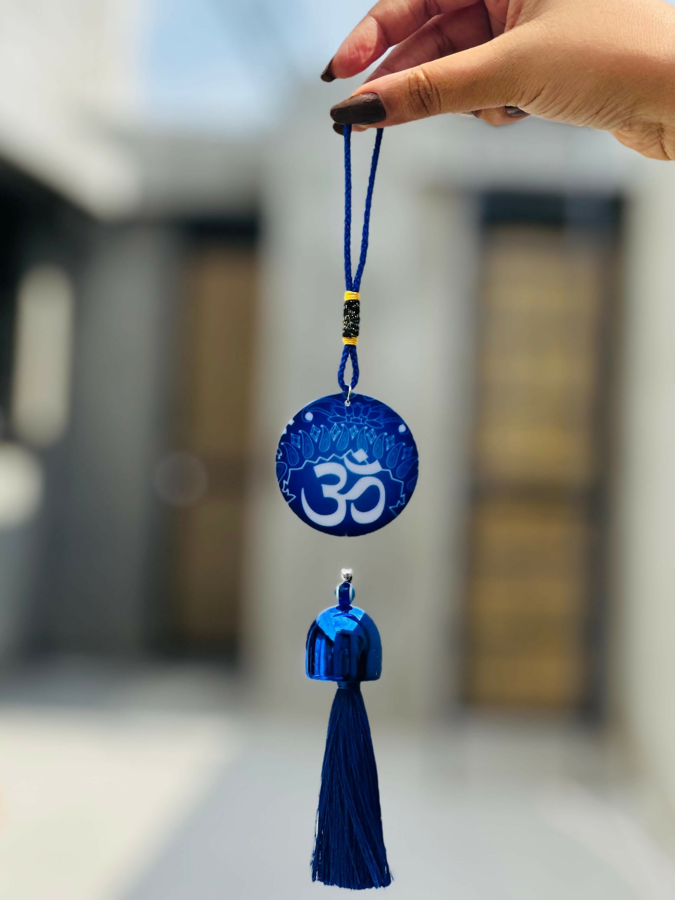 Decorative Blue Om Symbol Wall Hanging with Metal Bell and Tassel – Spiritual Hindu Door Hanging for Positive Vibes, Vastu, Meditation, and Home Entrance Décor – Compact Size for Car, Office, or Gift Use