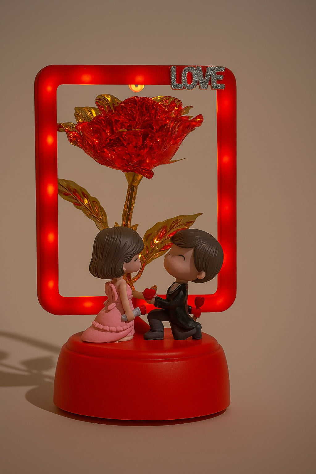 LED Romantic Couple Showpiece with Golden Rose & Glowing Frame – Valentine Gift, Anniversary Decor & Night Light for Bedroom