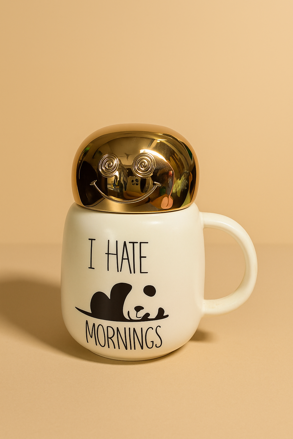 Cute Panda Ceramic Coffee Mug with Golden Lid – “I Hate Mornings” Design
