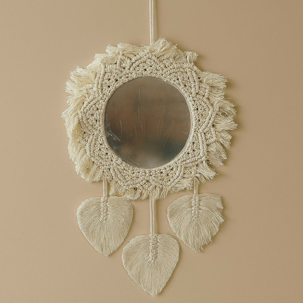 HOME DECOR Boho Macrame Wall Hanging Mirror with Leaf Tassels – Handmade Cotton Decorative Mirror for Living Room, Bedroom, Entryway, or Bohemian Home Decor Accent