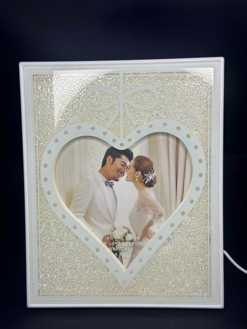 Personalized LED Photo Frame with Heart Design and Sparkling Crystal Border – Romantic Light-Up Table Frame for Couples with Quote 'At the Touch of Love Everyone Becomes a Poet' – Perfect Gift for Weddings, Anniversaries & Valentine's Day