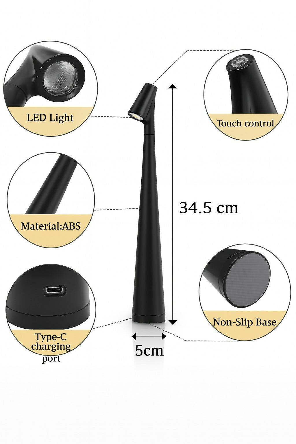 Sleek Black Rechargeable LED Desk Lamp with Touch Control – 34.5cm Modern ABS Table Lamp with USB Type-C Charging Port, Non-Slip Base, and Minimalist Design – Ideal for Home, Office, and Study Use