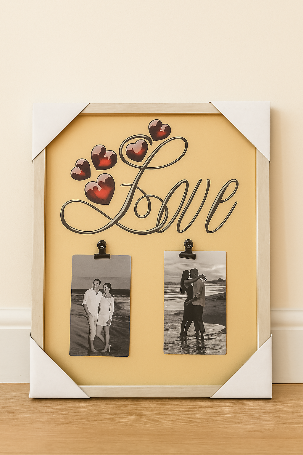 Love Theme Wall Hanging Photo Frame – Romantic Wooden Picture Display Board with Heart Design and Metal Clips for 2 Photos – Perfect Gift for Couples, Anniversaries, Valentine's Day & Home Décor