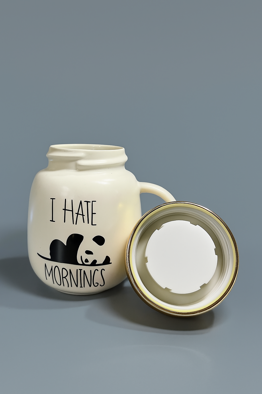Cute Panda Ceramic Coffee Mug with Golden Lid – “I Hate Mornings” Design