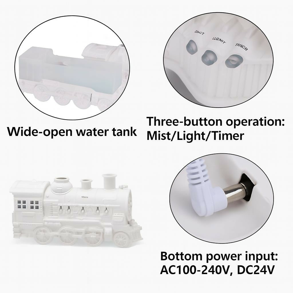 White Steam Train Shape Flame Aroma Diffuser with LED Light & Humidifier – Essential Oil Diffuser with Mist, Light & Timer Controls, Wide-Open Water Tank, Retro Locomotive Design for Home & Office Décor