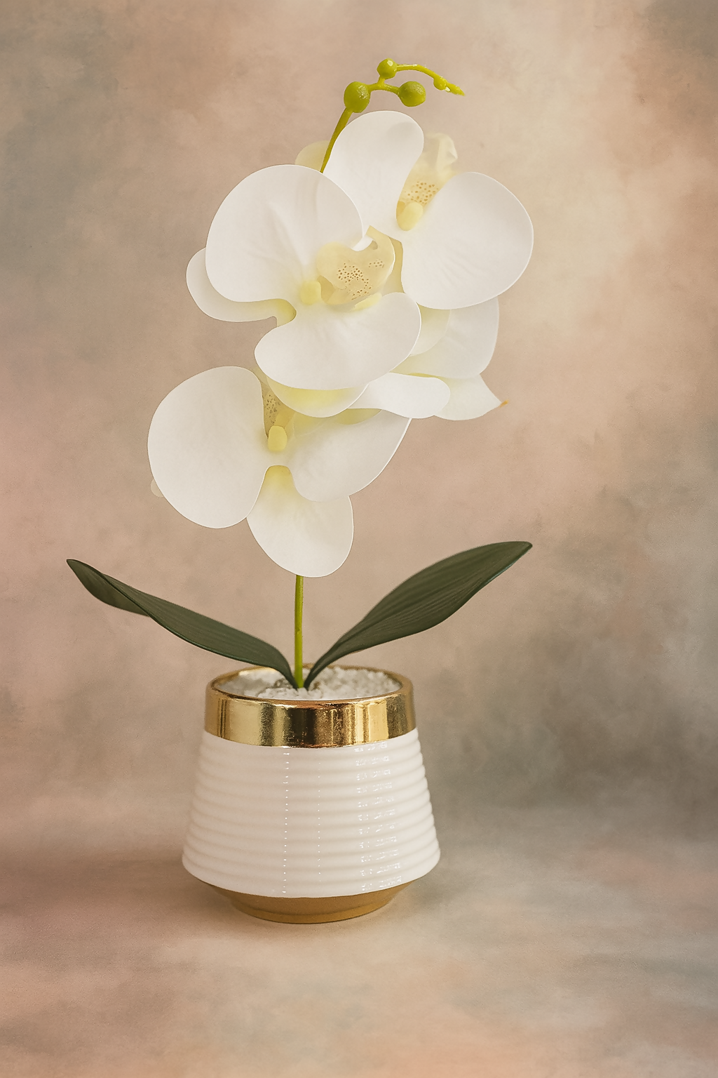 Elegant Artificial White Orchid Flower Plant with Ceramic Pot – Faux Orchid Arrangement with White Pebbles for Home, Office, Living Room, Tabletop & Gifting