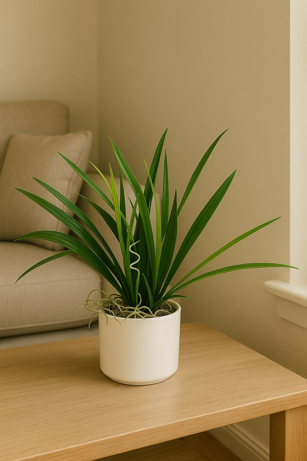 HOME DECOR Artificial Green Plant with Long Leaves in White Pot – Realistic Faux Indoor Plant for Home, Office, Tabletop & Corner Decor – Maintenance-Free Decorative Plant for Modern Interiors