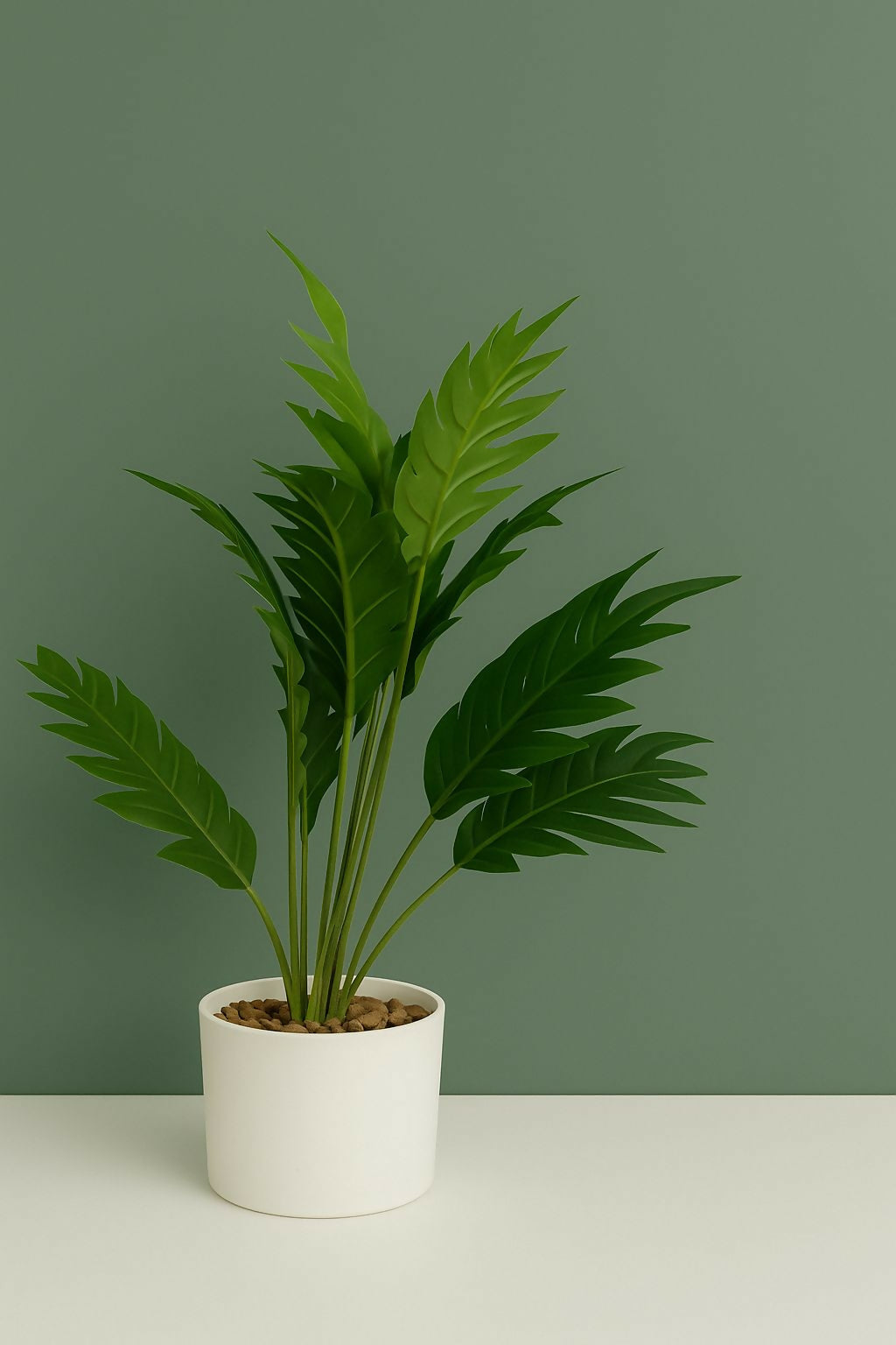HOME DECOR Artificial Palm Leaf Plant in White Pot – Realistic Green Leafy Faux Plant for Indoor Home, Office, and Tabletop Decor – Modern Decorative Plant for Stylish and Maintenance-Free Interiors