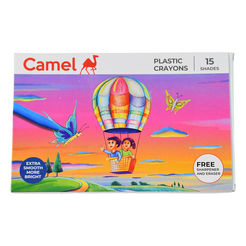 Camel Plastic Crayons 15 Assorted Shades with Free Sharpener and Eraser