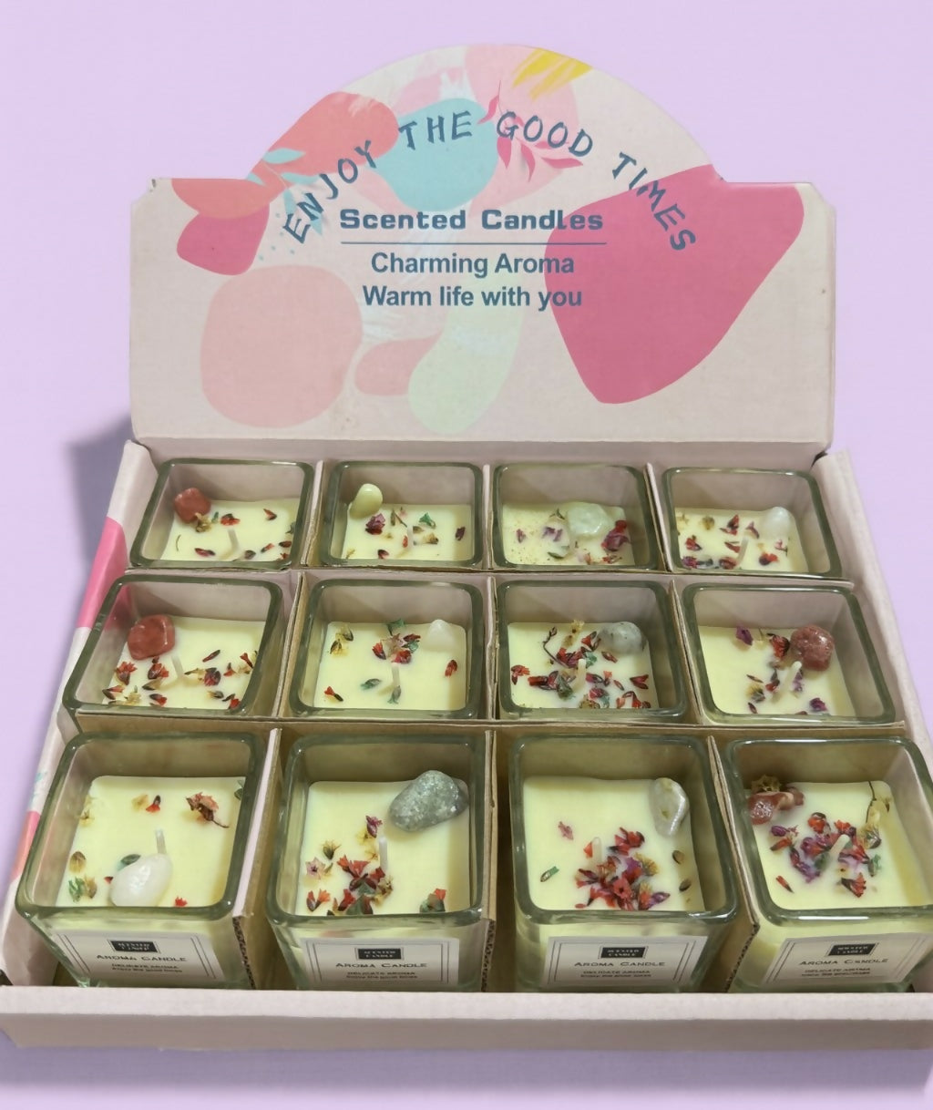 Luxury Scented Square Candle Set of 12 with Crystals & Dried Flowers | Aromatherapy Jar Candles for Home Decor, Spa & Gifting