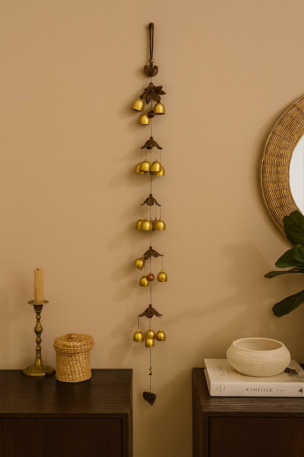 Handcrafted Brass Bell Wind Chime for Home Décor – Ethnic Hanging Bells with Heart Motif – Metal Wind Chimes for Balcony, Door, Living Room, Meditation Space & Positive Vibes