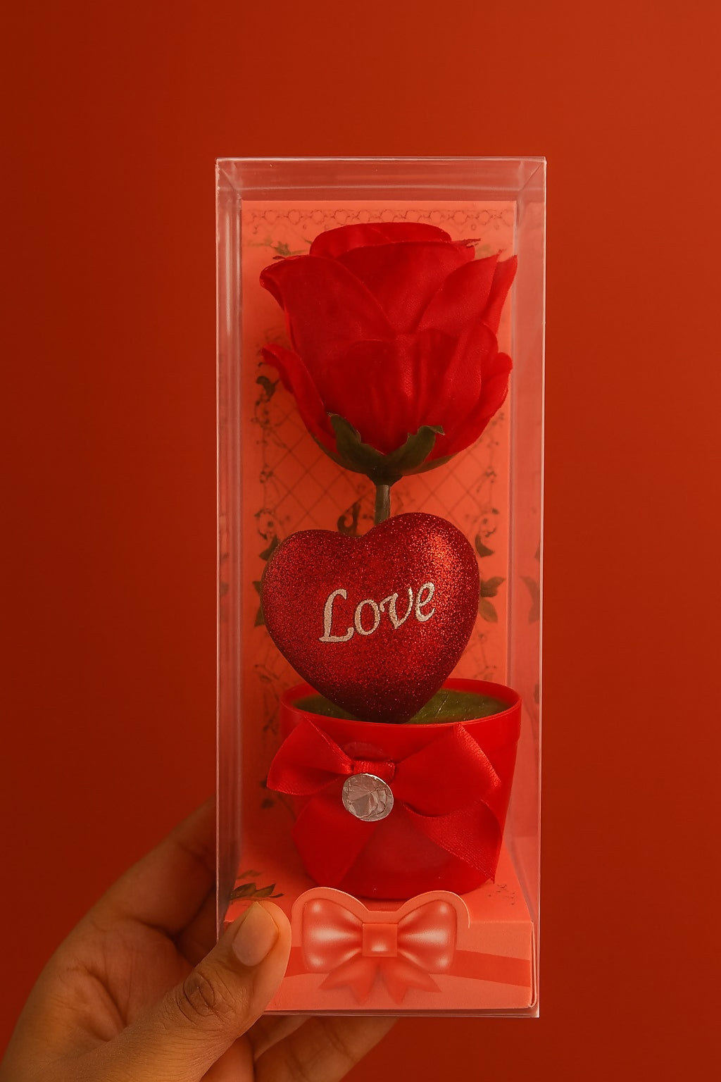Set of 10 Artificial Red Rose with Glitter Heart "Love" Base and Bow – Romantic Gift Box Showpieces for Valentine’s Day, Return Gifts, Anniversary, Wedding Favors & Home Decoration