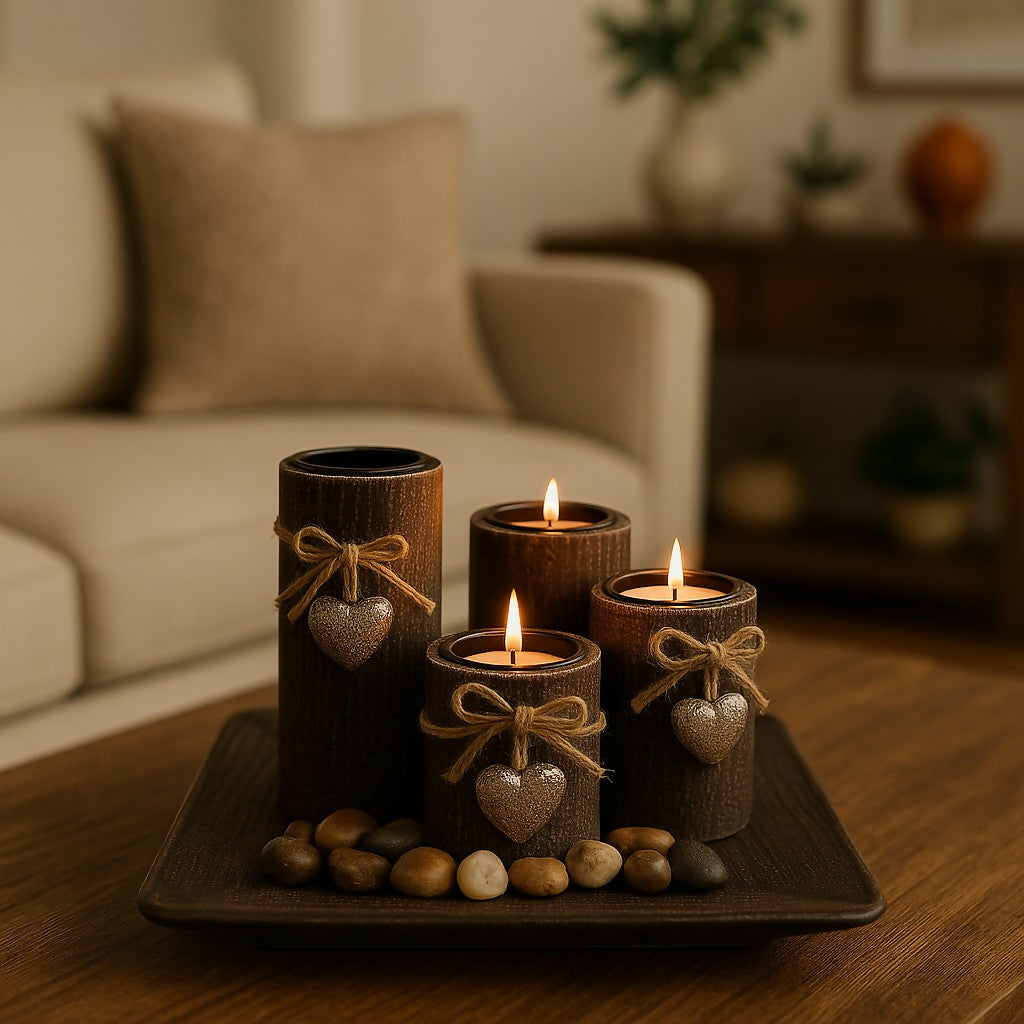 Rustic Brown Heart-Decor Pillar Candle Set with Tray and Pebbles – Handcrafted Scented Candles for Home Decor, Romantic Ambience, and Gift Gifting