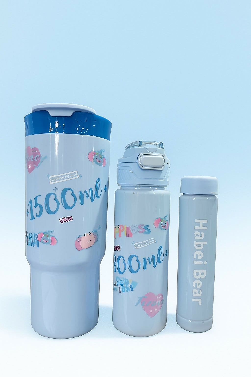 Set of 3 Blue Cartoon Water Bottles for Kids – Leak-Proof BPA-Free Plastic Sipper Bottles with Flip Lid & Cute Animal Prints (1500ml, 800ml, 500ml)