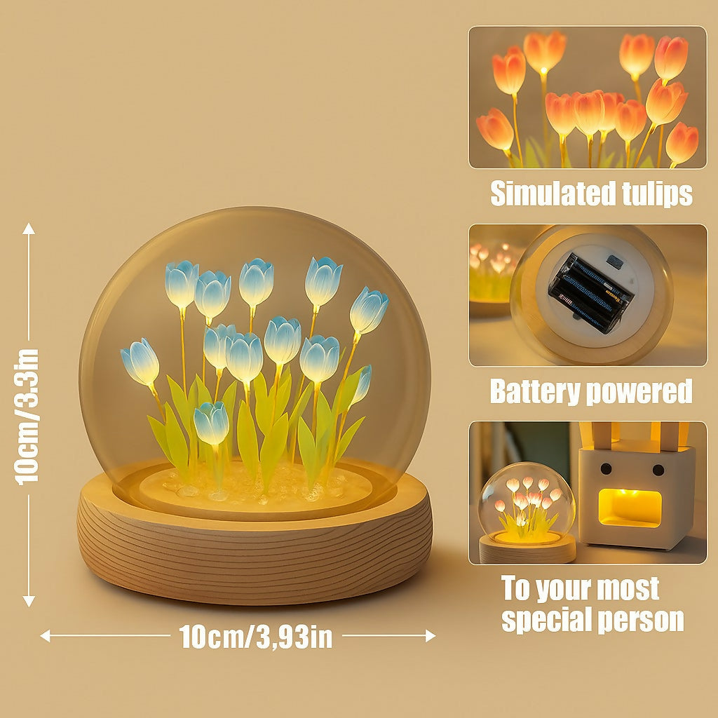 LED Multicolor Tulip Flower Light Dome with Glass Cover and Wooden Base – Rainbow Color Changing Decorative Night Lamp for Bedroom, Living Room, Gift, and Home Ambience