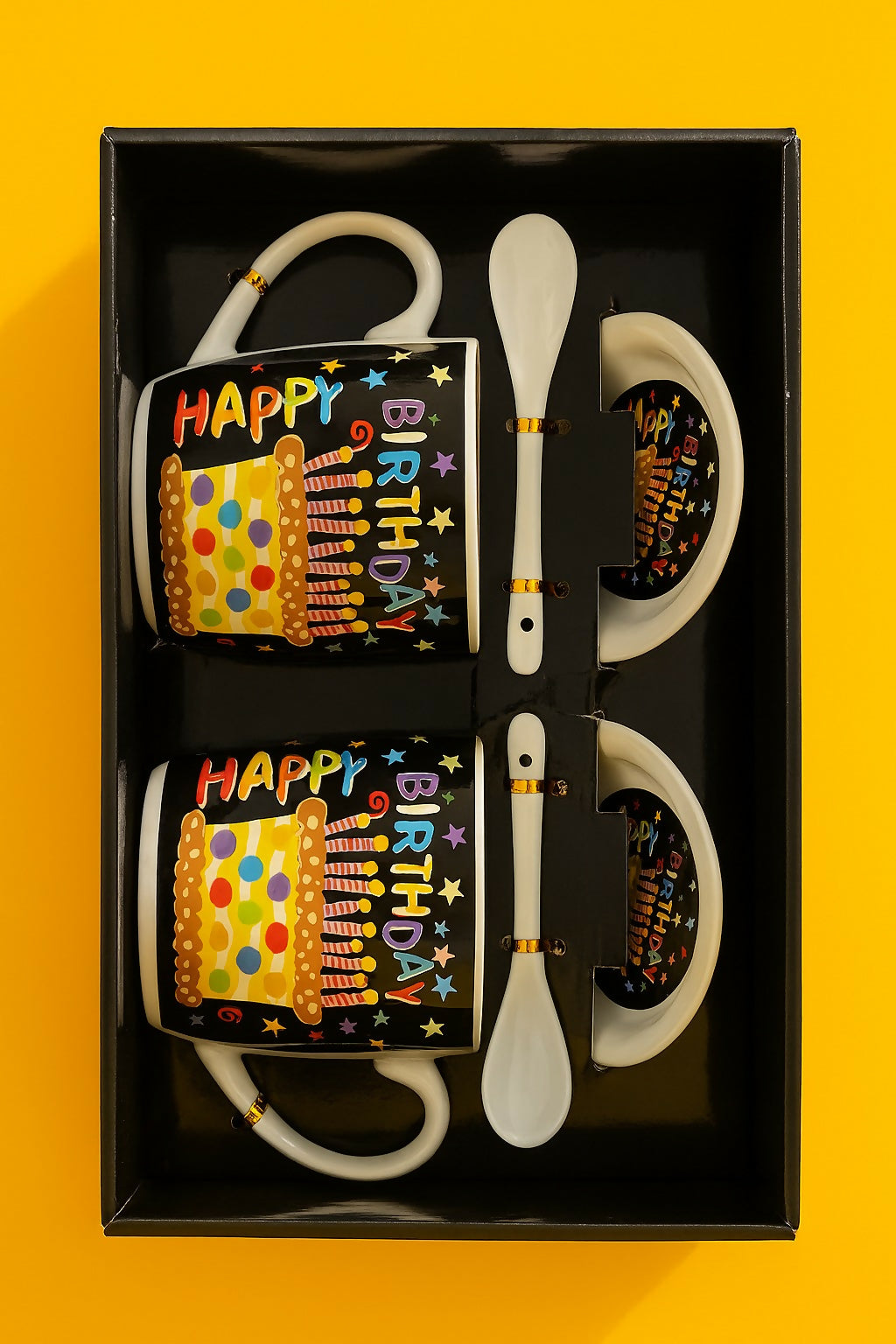 Happy Birthday Ceramic Mug Gift Set – Set of 2 Printed Coffee Mugs with Spoons in Premium Box – Colorful Birthday Cake Design – Gift for Men, Women, Friends & Family