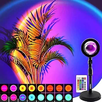 Sunset Projection Lamp with Remote – 16 Color LED Atmosphere Light for Aesthetic Room Décor, Photography, Parties & Ambience – Adjustable Stand, Rotating Head & Multi-Mode Effects