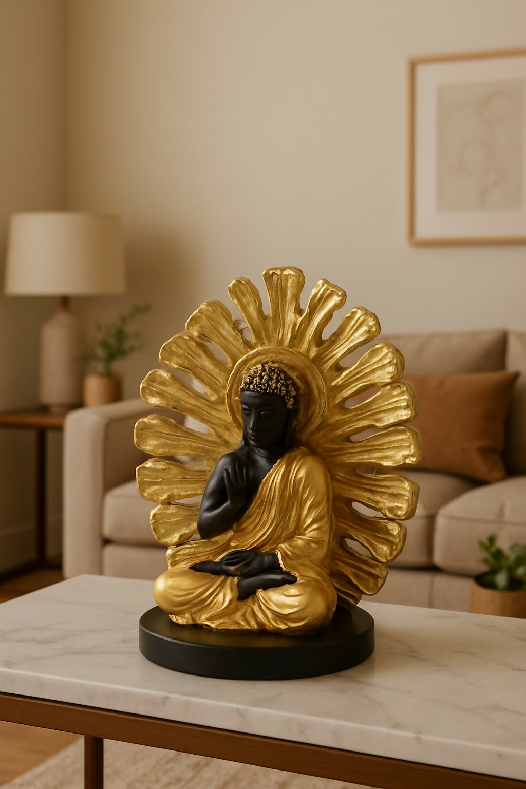 HOME DECOR Black and Gold Meditating Buddha Idol with Decorative Backdrop – Resin Buddha Statue for Home Decor, Positivity & Spiritual Gifting – Elegant Sitting Buddha Showpiece for Living Room, Office & Mandir