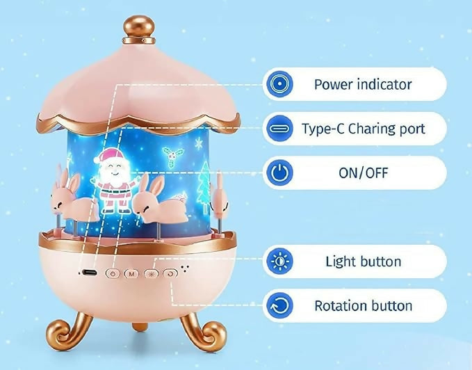 Rotating Christmas Night Light Projector with Music & Light Buttons – Rechargeable LED Santa & Deer Carousel Lamp with Type-C Charging, Power Indicator, and 360° Rotation – Festive Gift for Kids & Home Decor
