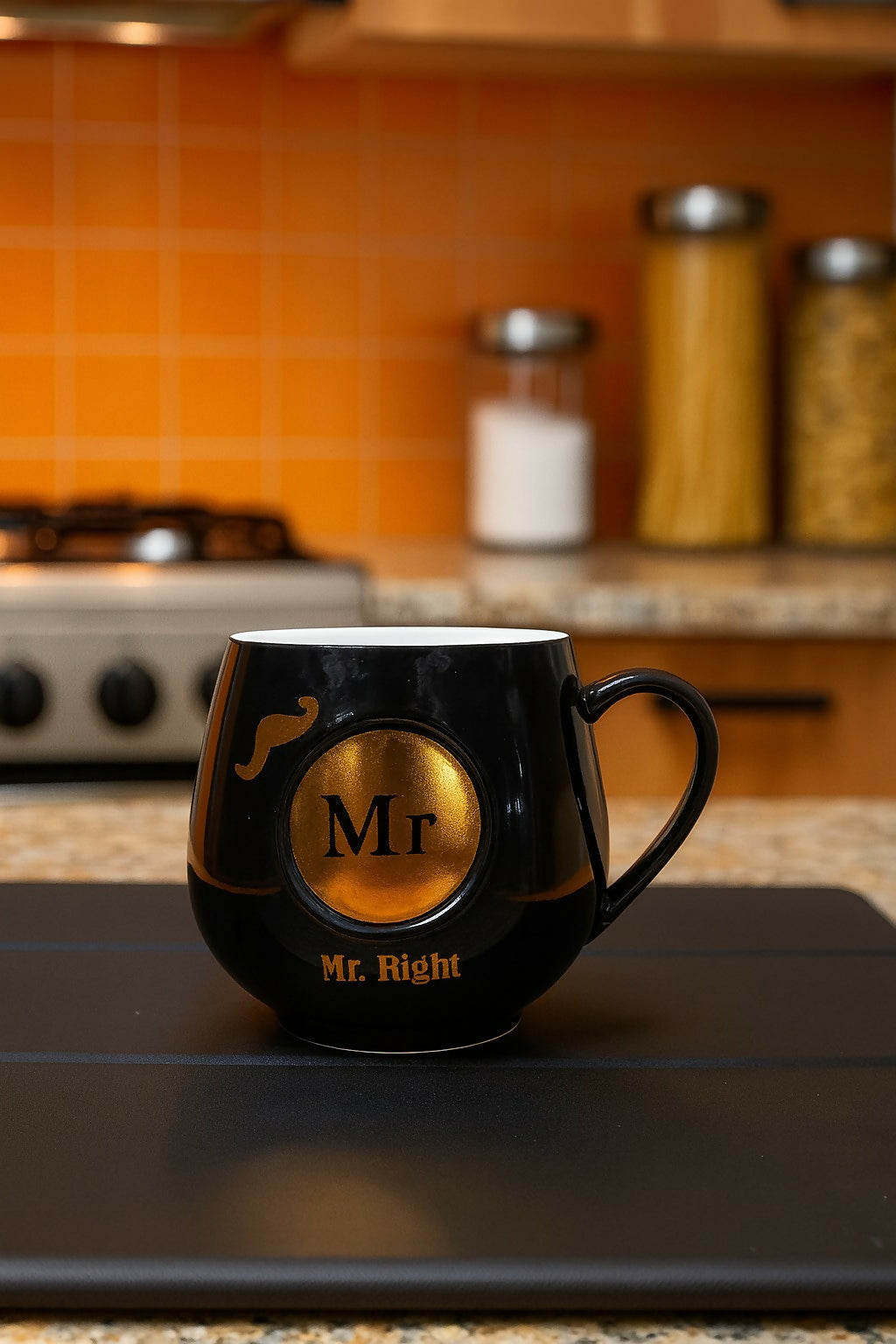 Premium Black Ceramic Coffee Mug with Golden Print “Mr Right” | Stylish Designer Cup with Handle | Perfect Gift for Husband, Boyfriend, Groom, Anniversary, Wedding & Daily Use