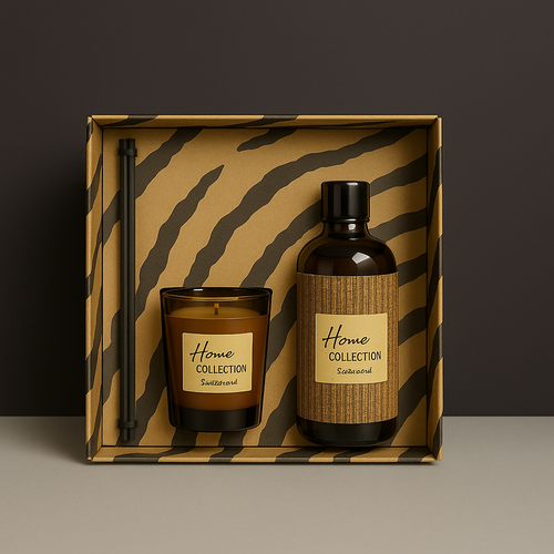 "Luxury Home Collection Gift Set with Scented Candle and Reed Diffuser – Elegant Aromatherapy Kit for Relaxation & Decor – Brown Amber Jar & Fragrance Bottle in Designer Zebra Box – Ideal for Home, Office, Gifting"