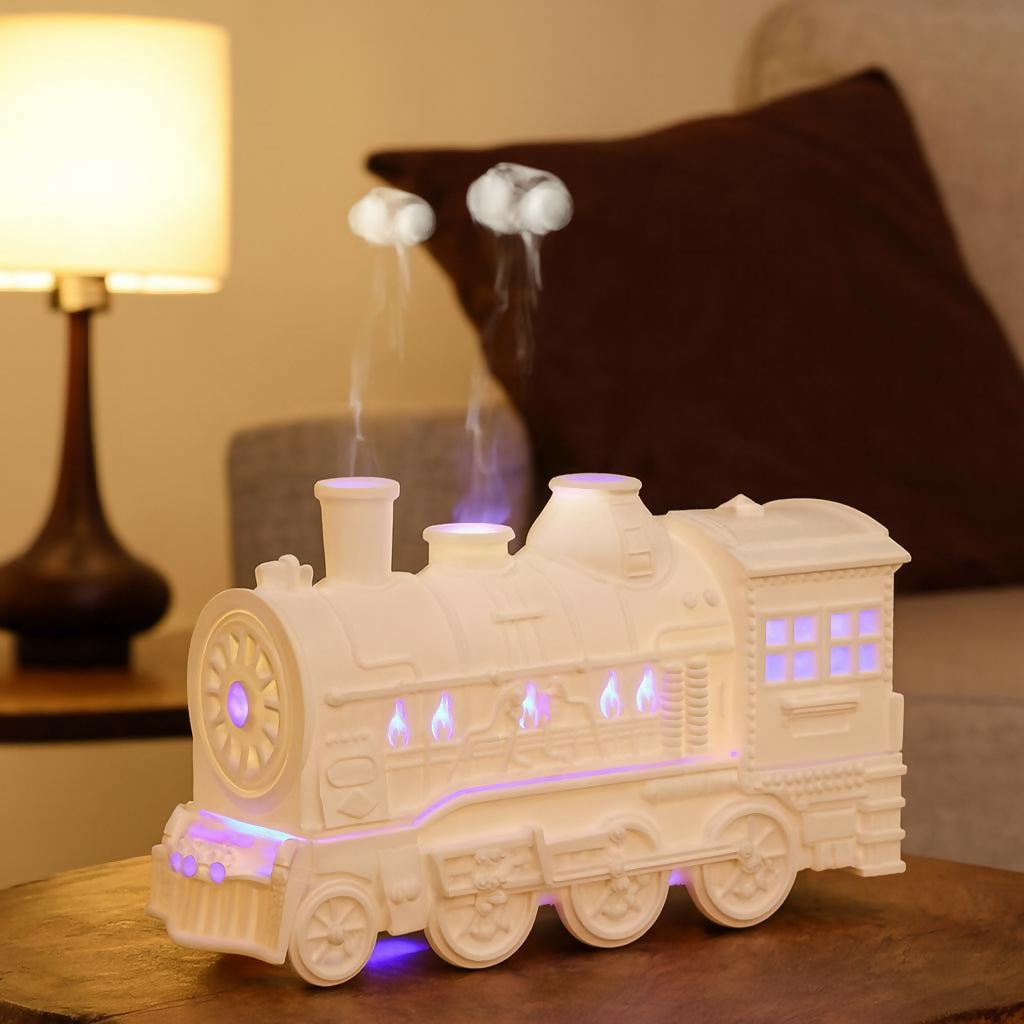 White Steam Train Shape Flame Aroma Diffuser with LED Light & Humidifier – Essential Oil Diffuser with Mist, Light & Timer Controls, Wide-Open Water Tank, Retro Locomotive Design for Home & Office Décor