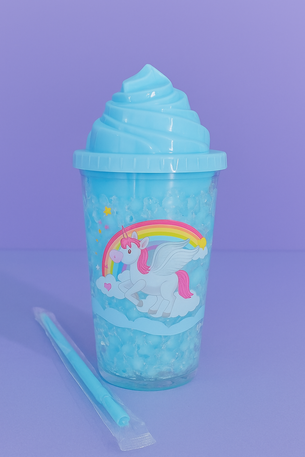 Magical blue Unicorn Slush Cup with Swirl Top Lid – BPA-Free Reusable Tumbler with Straw, Glittery Icy Drink Holder with Rainbow, Moon & Star Design – Cute Aesthetic for Girls, Kids & Teens