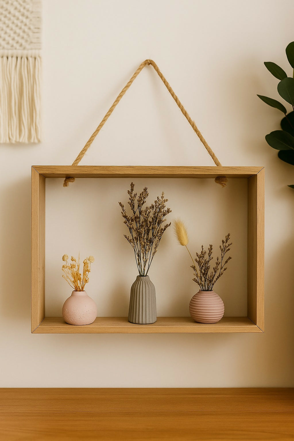 Elegant Minimalist Wooden Frame with Three Ceramic Vases and Dried Flower Arrangement – Rustic Boho Home Décor Accent for Living Room, Bedroom, Office, or Gift – Nordic Style Tabletop and Wall Display Decoration