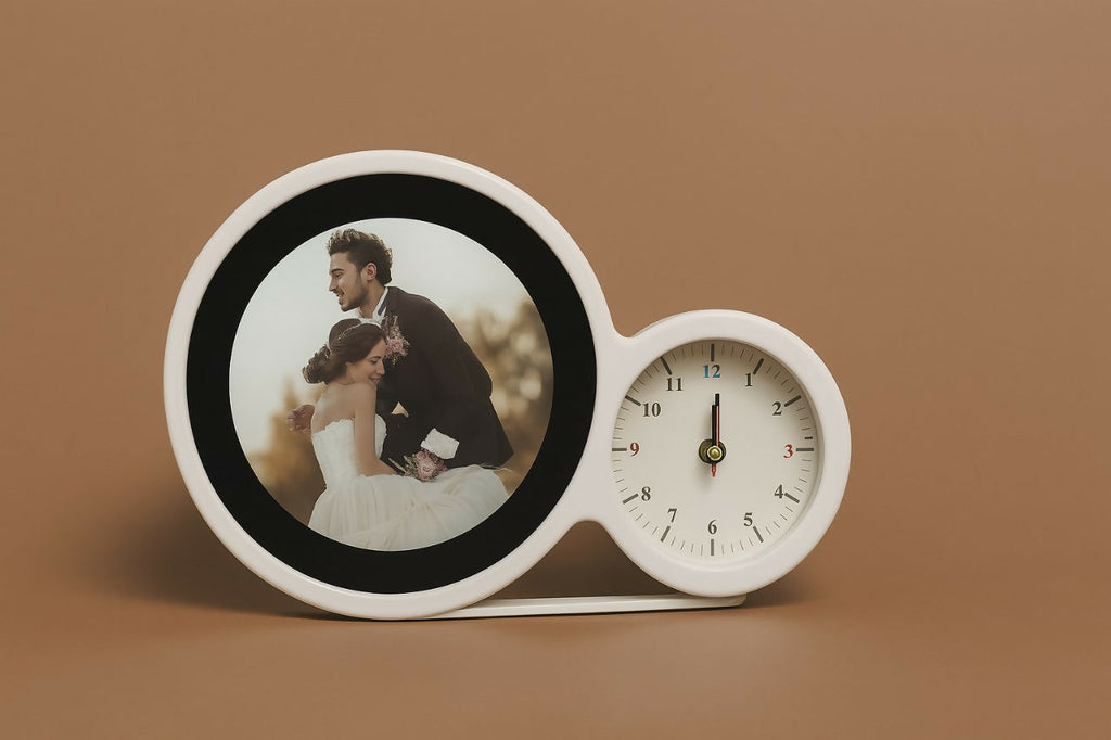 Personalized Dual-Ring Wedding Photo Frame with Analog Clock | Elegant Tabletop Decor Gift for Couples, Anniversaries, Weddings & Home