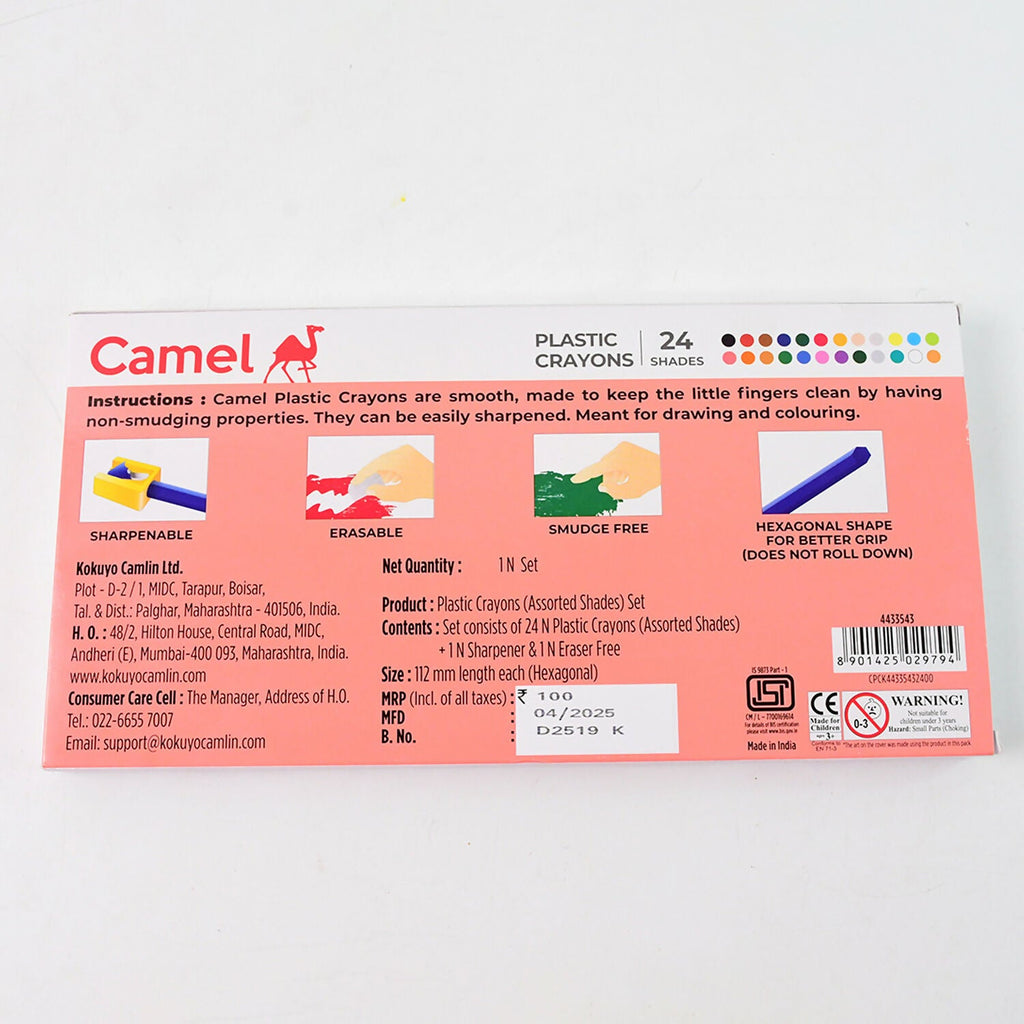 Camlin Plastic Crayons – 24 Shades with Sharpener and Eraser