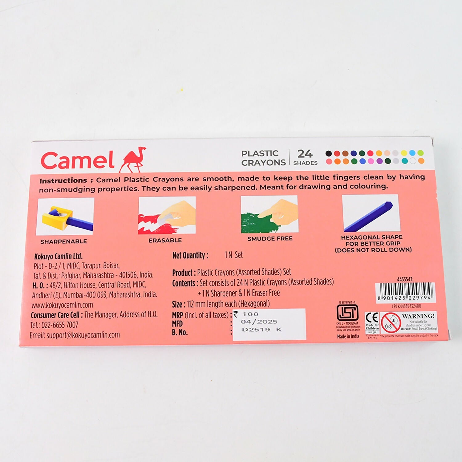 Camlin Plastic Crayons – 24 Shades with Sharpener and Eraser