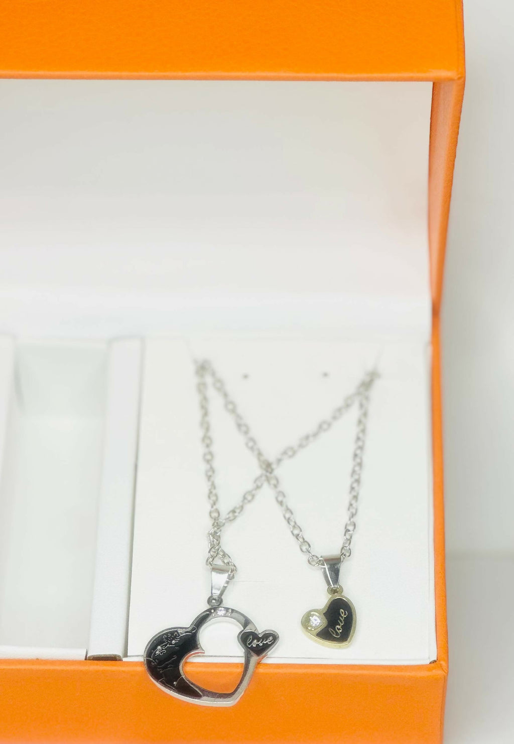 Luxury Couple Watch and Pendant Gift Set – Matching His and Hers Classic Gold Dial Analog Watches with Black Leather Strap and Silver 'Love' Heart Necklaces – Romantic Anniversary or Valentine's Gift in Premium Orange Box