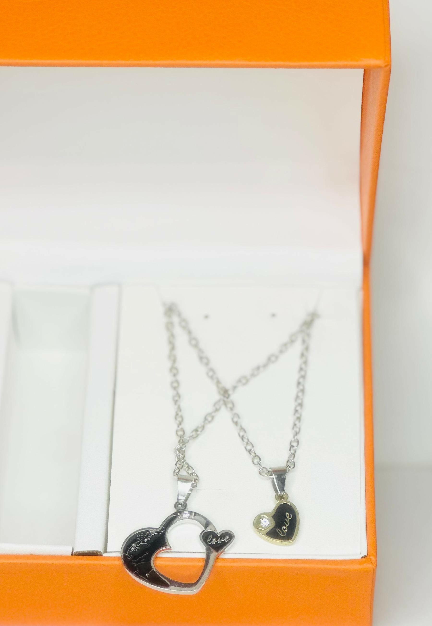 Luxury Couple Watch and Pendant Gift Set – Matching His and Hers Classic Gold Dial Analog Watches with Black Leather Strap and Silver 'Love' Heart Necklaces – Romantic Anniversary or Valentine's Gift in Premium Orange Box