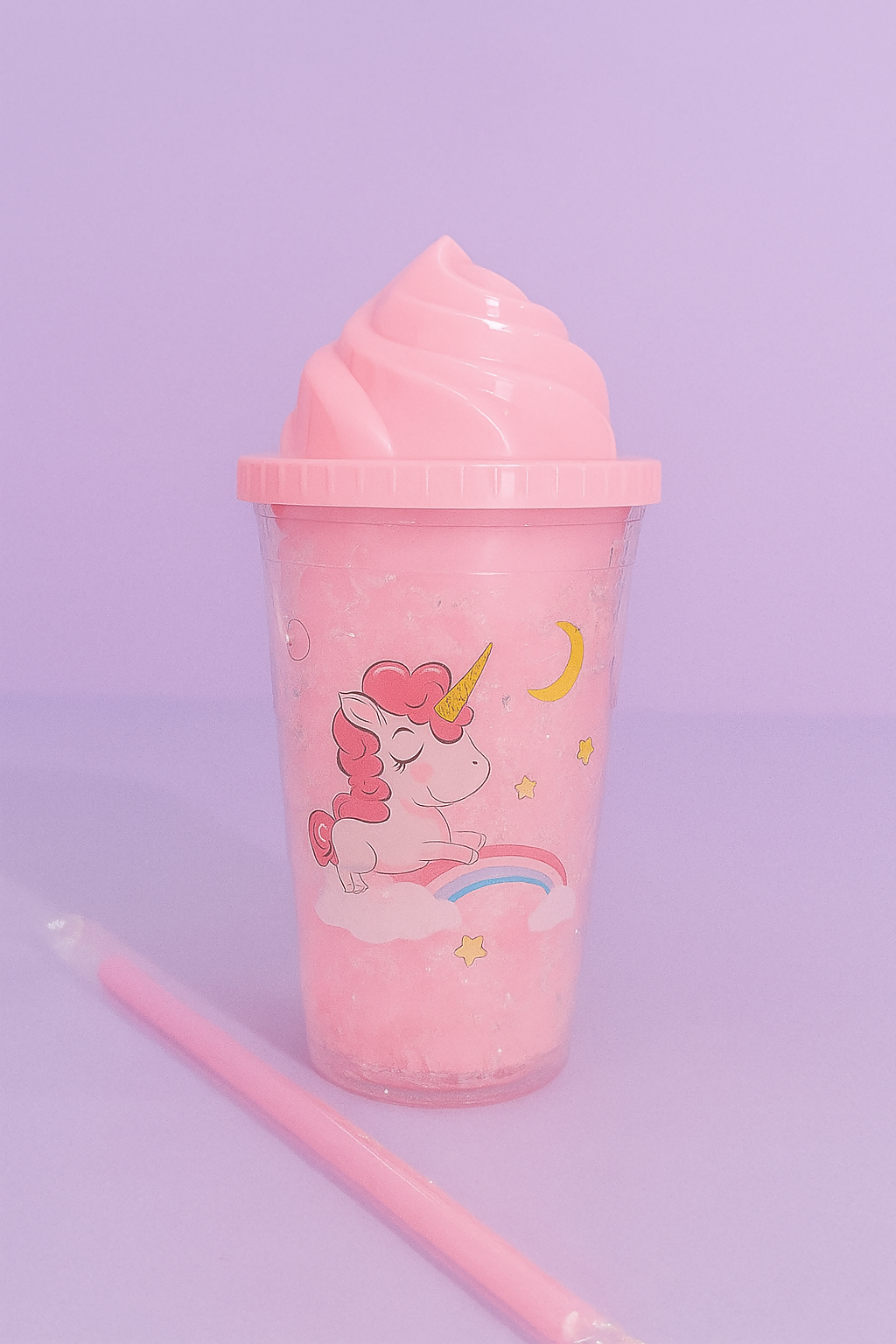 Magical Pink Unicorn Slush Cup with Swirl Top Lid – BPA-Free Reusable Tumbler with Straw, Glittery Icy Drink Holder with Rainbow, Moon & Star Design – Cute Aesthetic for Girls, Kids & Teens