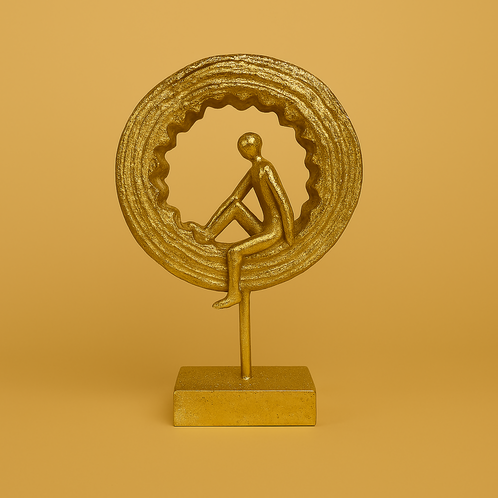 HOME DECOR Modern Abstract Golden Resin Human Figurine Showpiece for Home Decor | Contemporary Art Sculpture for Living Room, Office, Shelf, or Table Decoration – Premium Sitting Man Inside Ring Design