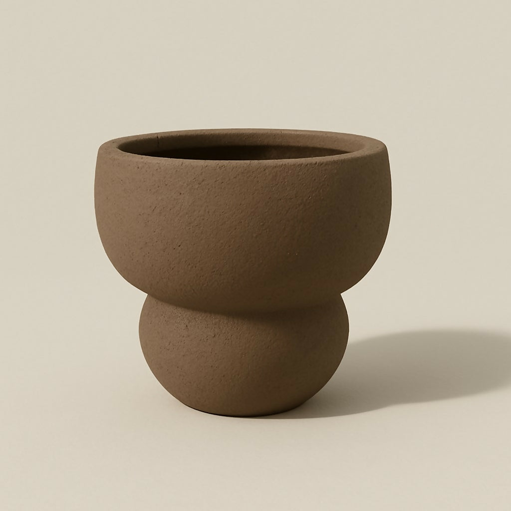Modern Sculpted Brown Ceramic Planter Pot – Textured Matte Finish Decorative Flower Pot for Indoor Use – Unique Round Double-Sphere Design – Succulent & Tabletop Planter