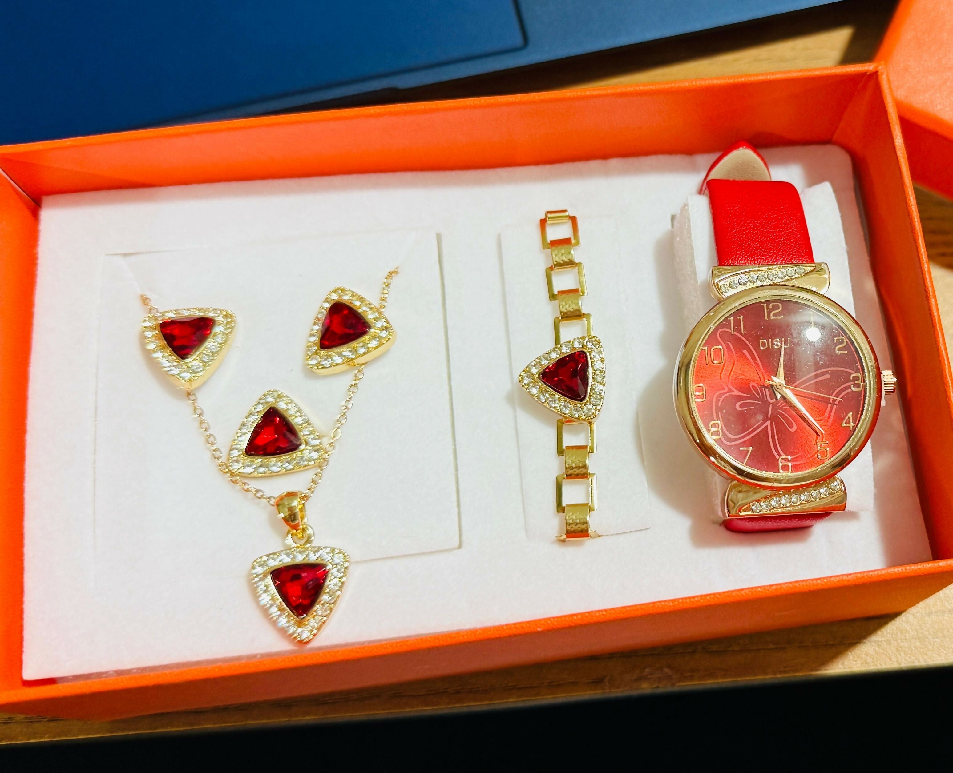 Elegant Women’s Red & Gold Gift Set with Designer Necklace, Bracelet, Earrings, and Stylish Analog Watch | 4-in-1 Jewelry & Watch Combo in Premium Orange Box for Birthday, Anniversary, and Festive Gifting