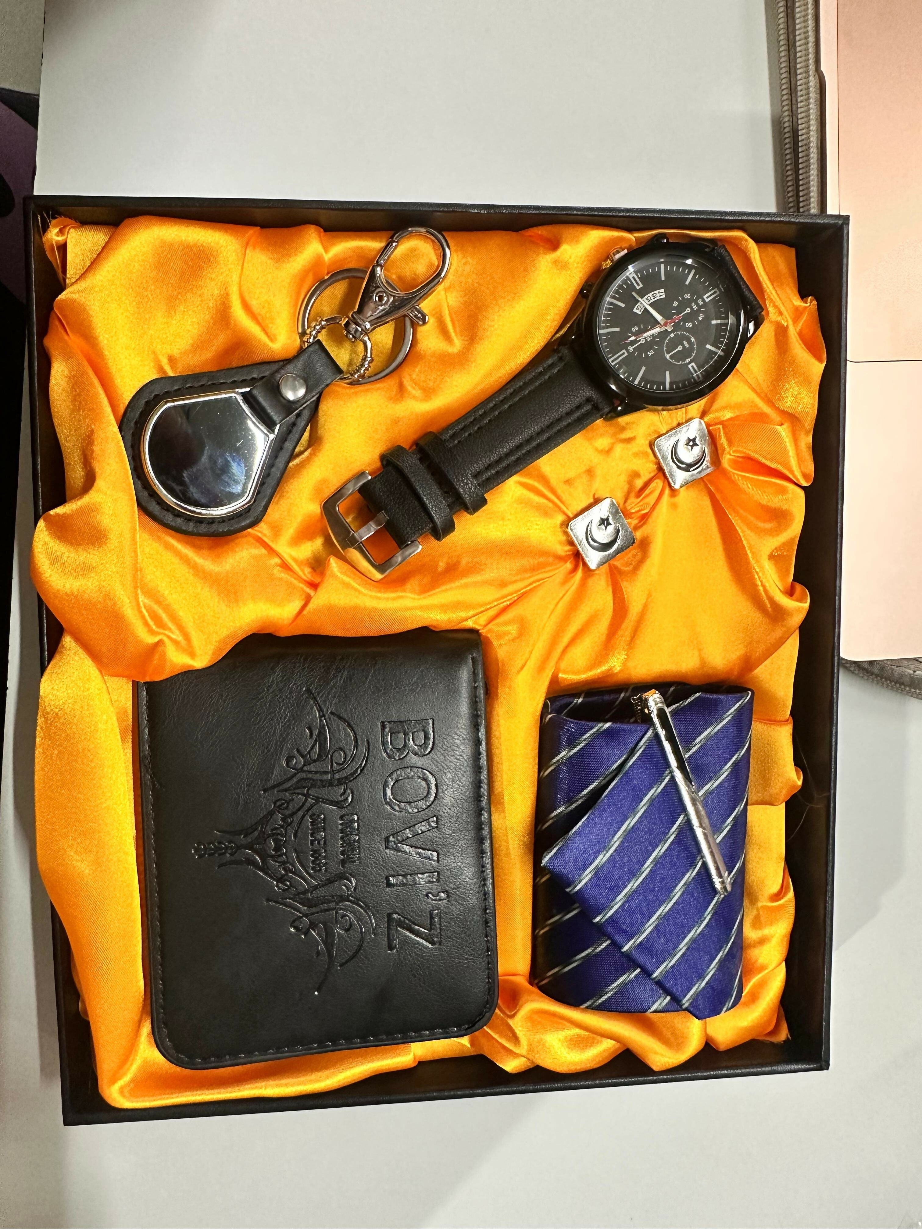 BOVIZ Premium 6-in-1 Men’s Gift Set with Wallet, Wrist Watch, Tie with Pin, Cufflinks, and Keychain | Luxury Formal Accessory Combo for Men | Ideal for Birthday, Anniversary, Festive & Corporate Gifting