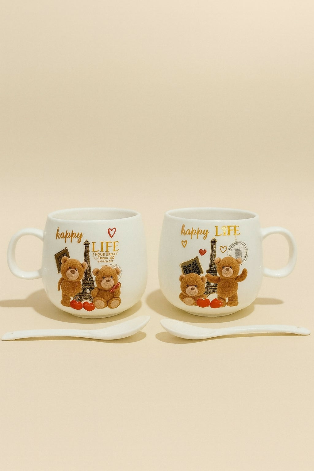 Teddy Bear Couple Ceramic Mug Gift Set with Matching Spoons | Cute Cartoon Coffee & Milk Cups | Romantic Anniversary, Valentine’s Day, Birthday & Wedding Gift for Couples