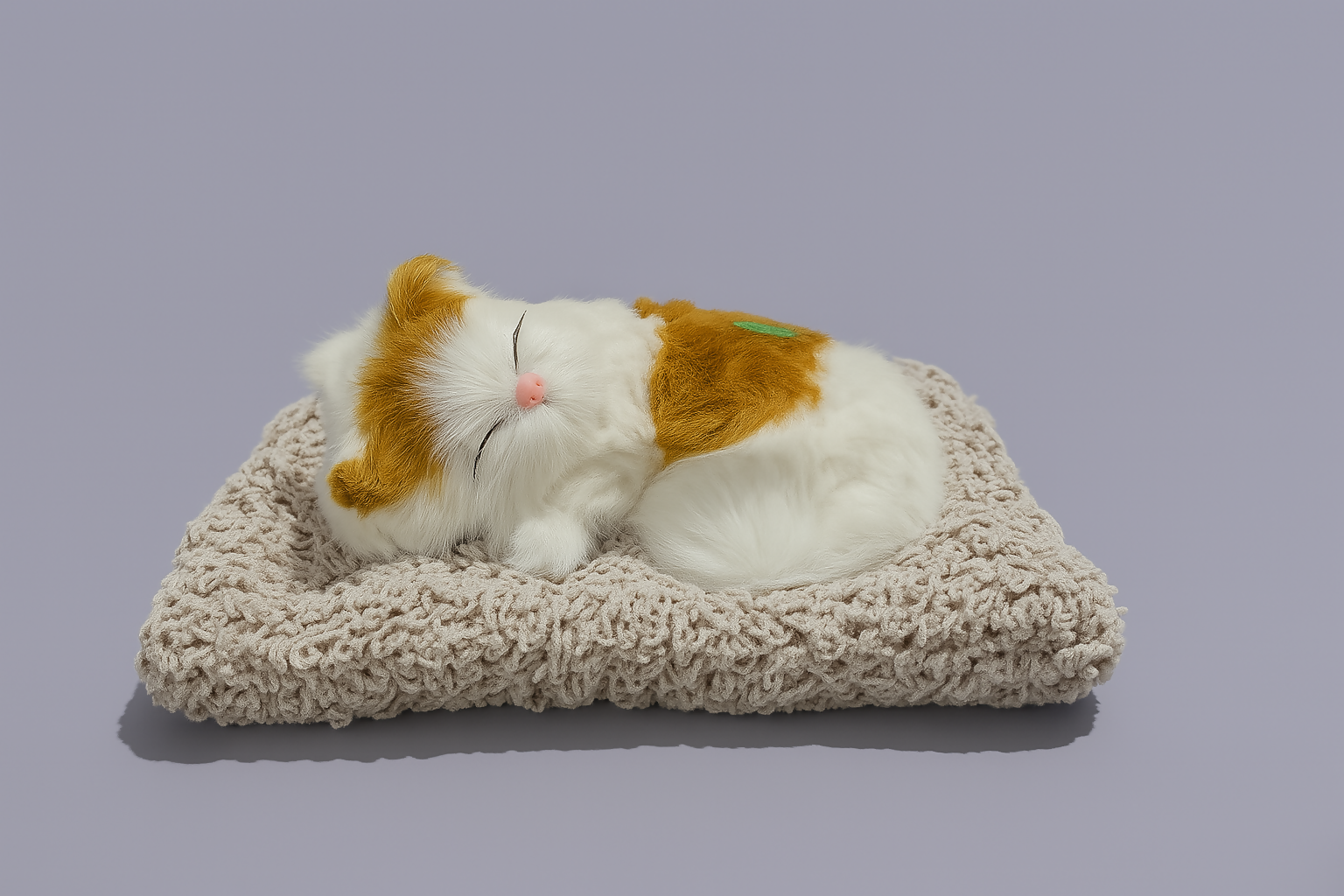 Realistic Plush Sleeping Cat Figurine for Car Dashboard & Home Decor – White and Orange Faux Kitten with Fluffy Bed – Lifelike Stuffed Animal Gift for Cat Lovers