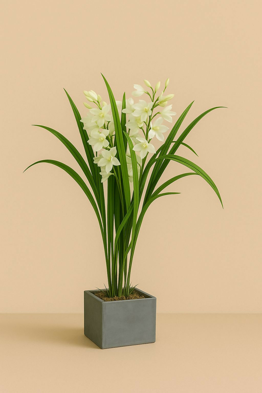 HOME DECOR Artificial White Orchid Flower Plant with Pot – Elegant Faux Floral Arrangement in Grey Planter for Home, Office, Tabletop & Gifting – Realistic Decorative Flower Pot for Modern Interiors