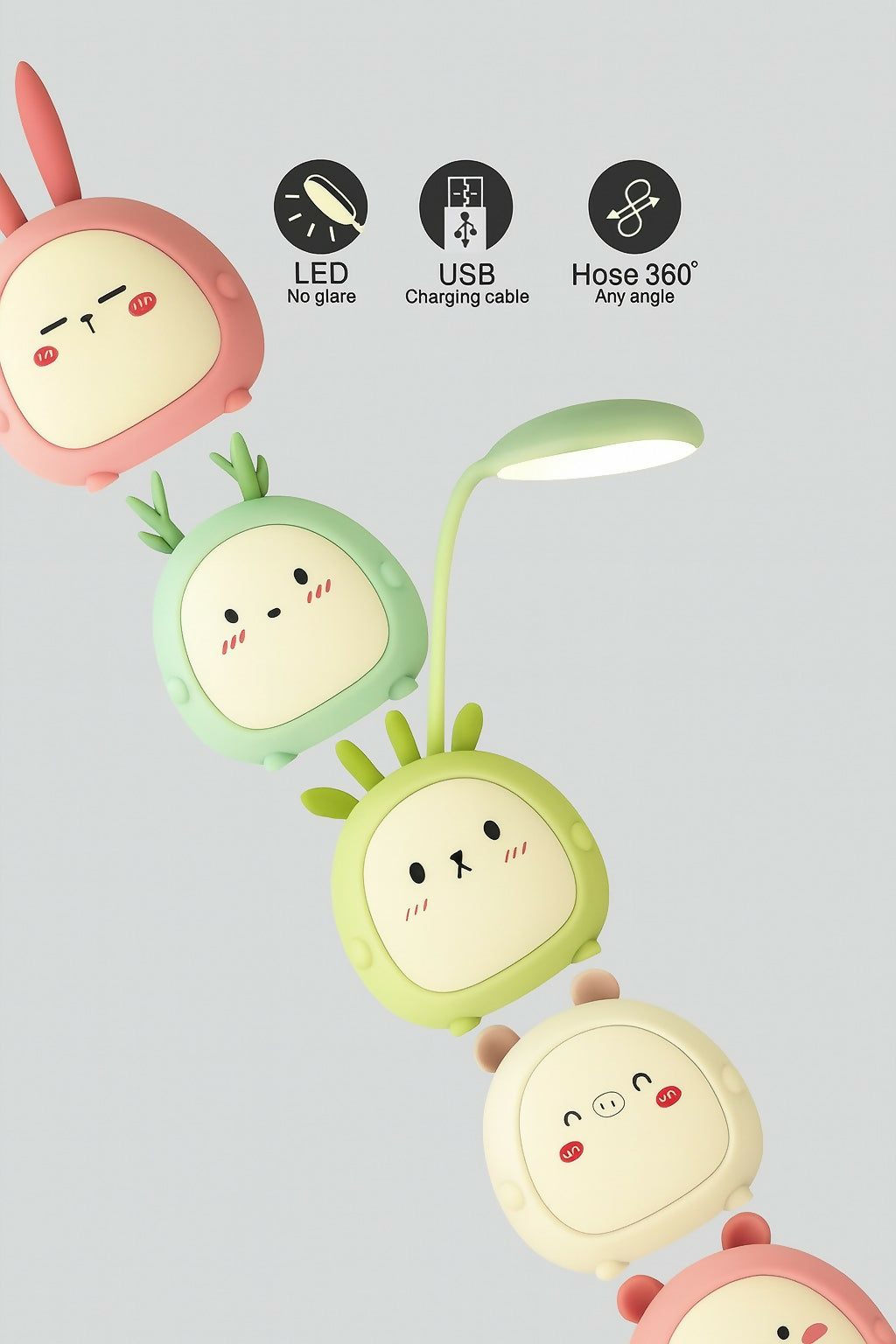 Cute Bunny Face Night Lamp with LED Desk Light – USB Rechargeable, 360° Flexible Hose, Eye-Caring Study & Reading Light for Kids Bedroom, Study Table & Home Décor