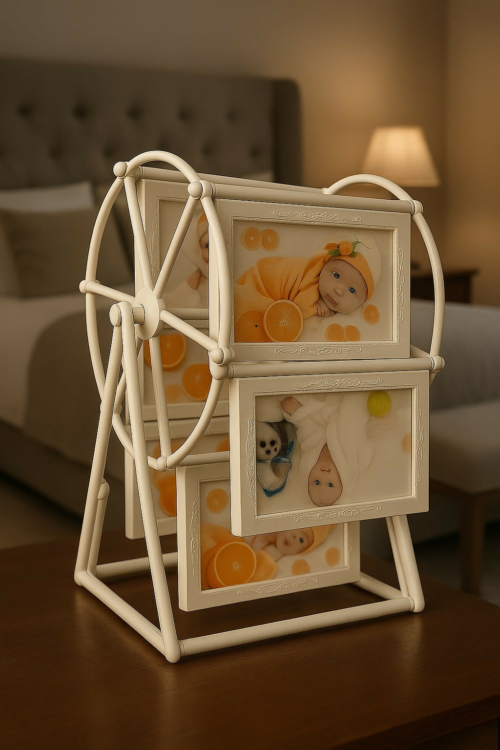 Vintage Ferris Wheel Style Rotating Baby Photo Frame – 6-Sided Carousel Design with Multiple Picture Slots – Unique Decorative Tabletop Frame for Kids’ Photos, Baby Shower Gift, Nursery or Bedroom Décor
