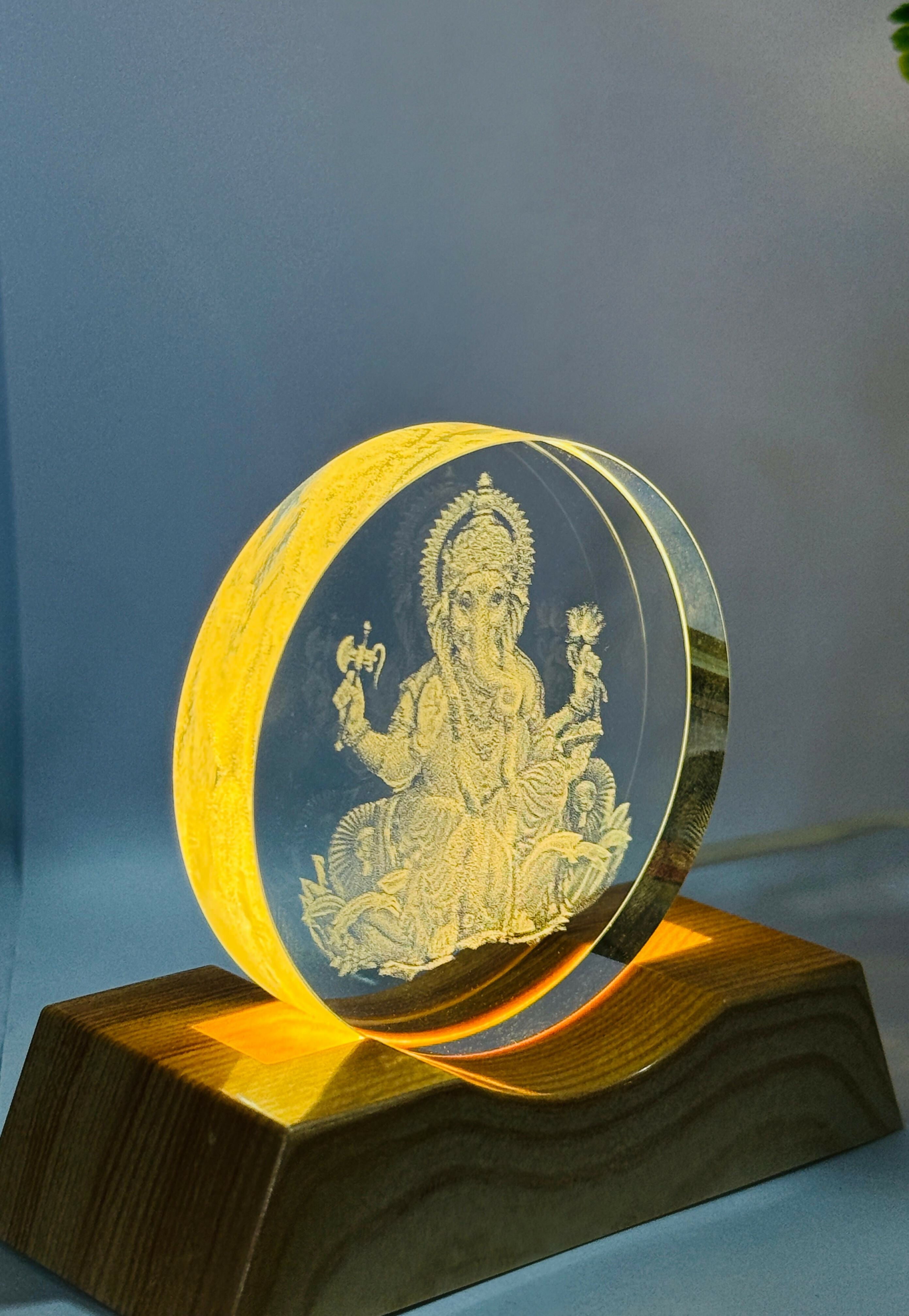 Lord Ganesha Sitting 3D Acrylic LED Night Lamp with Wooden Base – USB Powered Warm Light Spiritual Table Decor | Laser Engraved Crystal Lamp for Pooja Room, Office & Festive Gifting