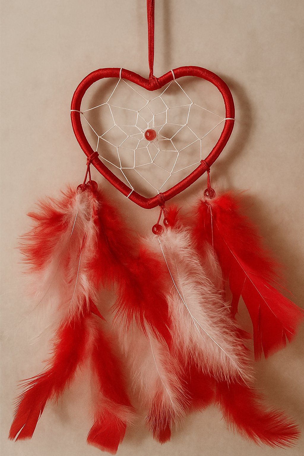 Handcrafted Red & White Heart-Shaped Dream Catcher with Feather Tassels – Wall Hanging Décor for Bedroom, Living Room, or Gifting – Boho Chic Decorative Piece to Attract Positivity & Good Dreams