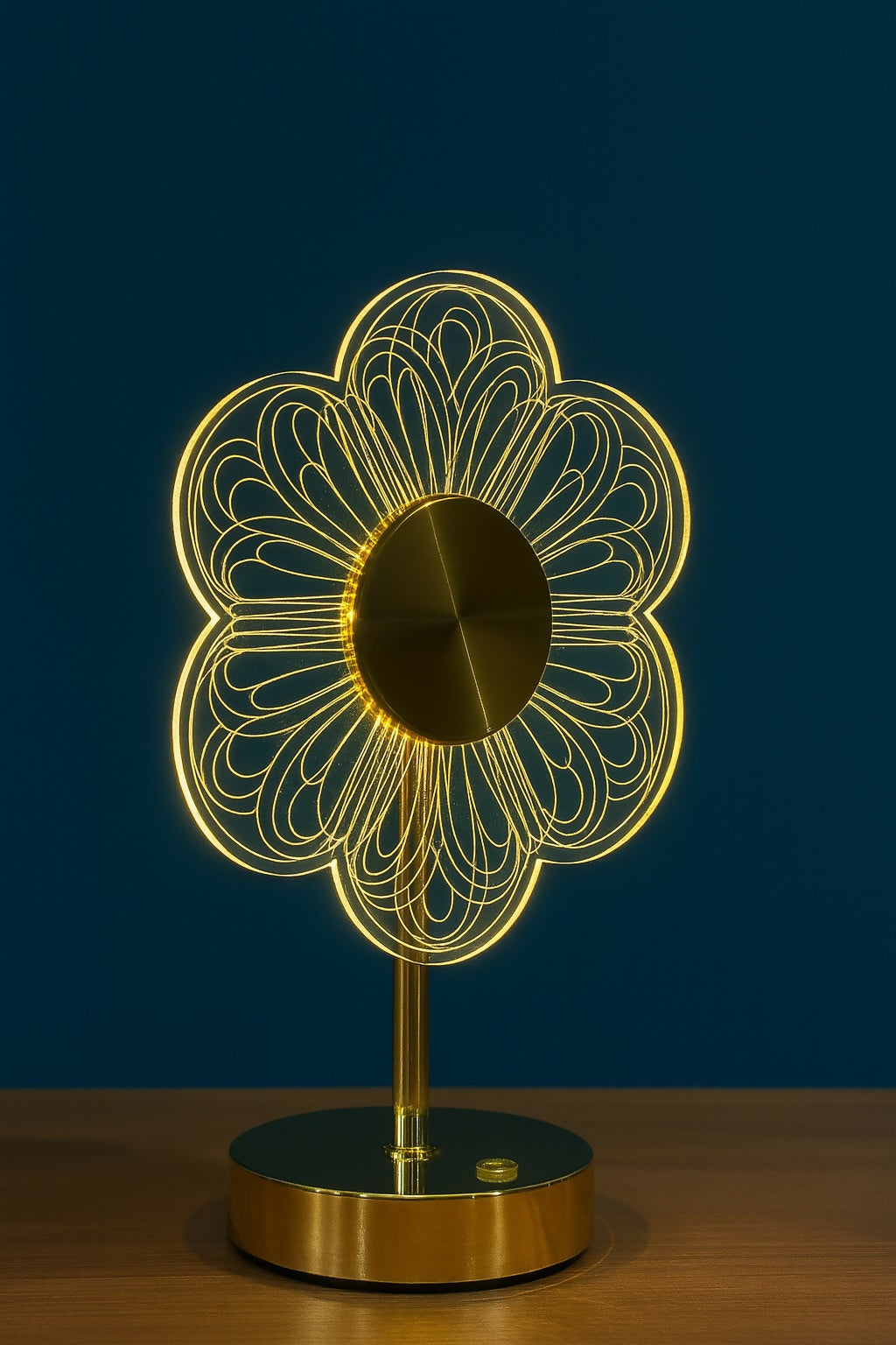 HOME DECOR Modern LED Flower Table Lamp in Golden Finish – Acrylic Optical Illusion Night Light with Touch Button Base – Aesthetic Bedroom, Living Room, or Desk Décor
