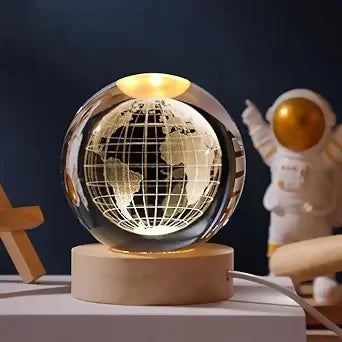 Illuminated 3D Crystal Globe LED Night Lamp with Wooden Base – Engraved Earth Map Decorative Light for Desk, Office, or Bedroom – Elegant Geographical Gift for Space Lovers, Explorers, and Travel Enthusiasts